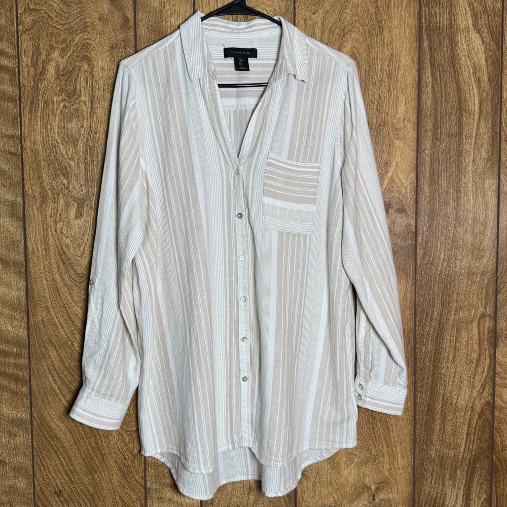 Tahari Beige Striped Linen/Rayon Button Shirt Tunic Top Lagenlook Coastal Chic L - Picture 1 of 5